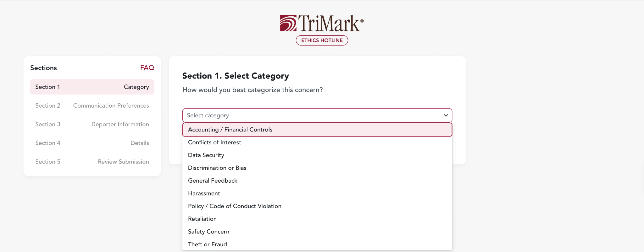 TriMark Ethics Line category selection screen with no report or reporter information