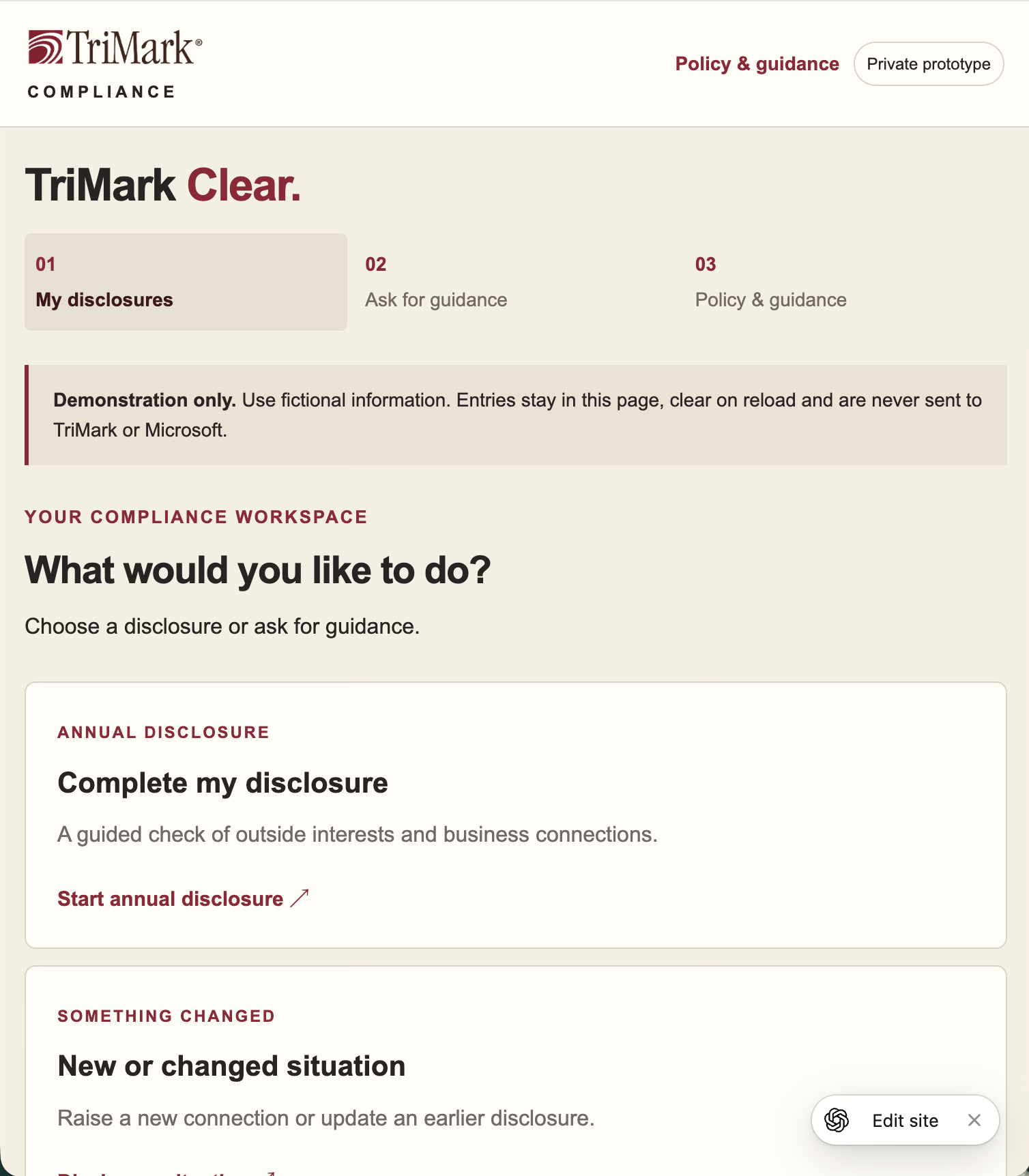 TriMark Clear demonstration showing disclosure and guidance options with no employee data