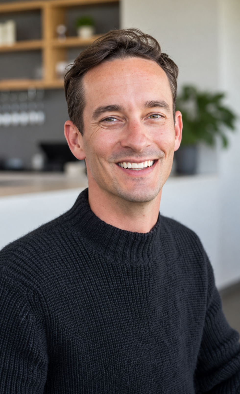 Jacob Beier smiling, wearing a dark knit sweater