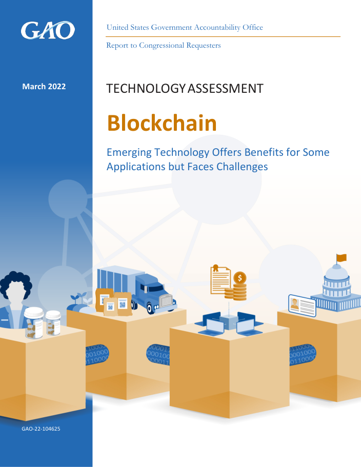 Cover of GAO’s March 2022 blockchain technology assessment