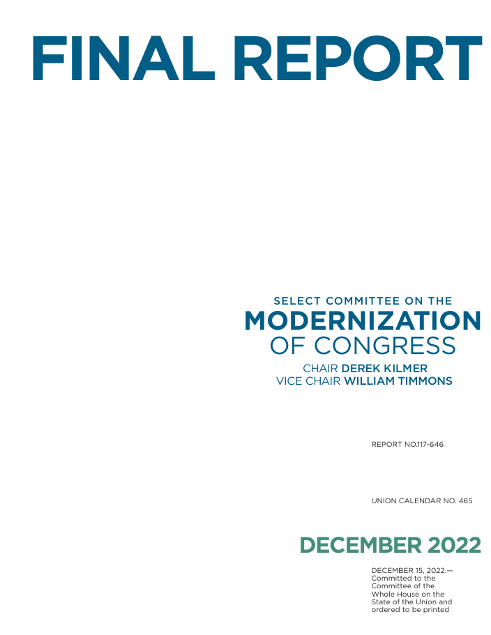 Cover of the Select Committee on the Modernization of Congress final report, December 2022