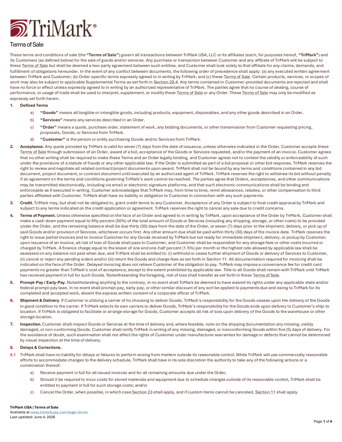 First page of TriMark’s Terms of Sale, updated June 4, 2026